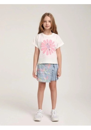 Kız Çocuk Çiçek İşlemeli Tasarım Şort Etek-15579 Mavi