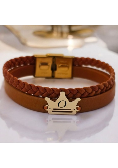 Archin O Harfine Özel 14 Ayar Altın Plakalı Kahverengi Derili Taç Motifli Hediye Bileklik-467harf O