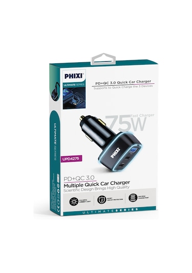 Phixi Upd4275 Üç Çıkışlı Pd Destekli 75w Araç Şarj Adaptörü