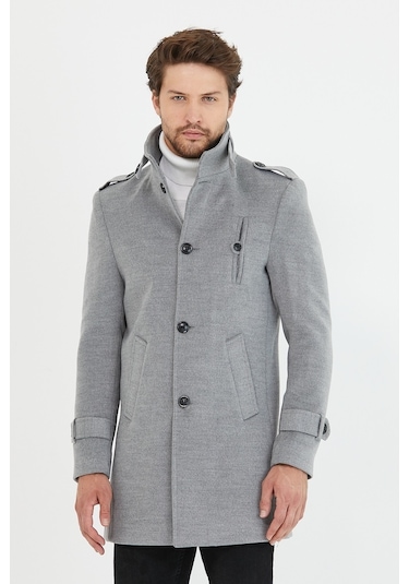 Erkek Açık Gri Dar Kesim Dik Yaka Uzun Kaşe Kaban-Açık Gri