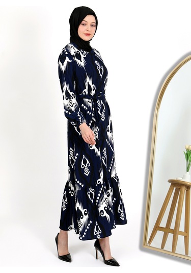 Desenli Bürümcük Elbise Mavi