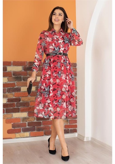 Neşeli Butik Kadın Kırmızı Kemerli Çiçek Desenli Şifon Elbise Ry0031 Bordo