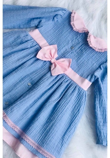 Dantel Ve Fiyonk Detaylı Mavi Pembe Kız Çocuk Bebek Bürümcük Pamuk Elbise 001