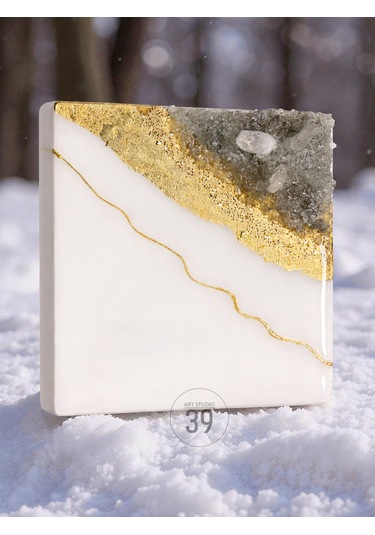 Geode Bianco Kuvars Taşlı Modern Epoksi Duvar Tablosu Enerjisel & Dekoratif Sanat 20x20 Cm