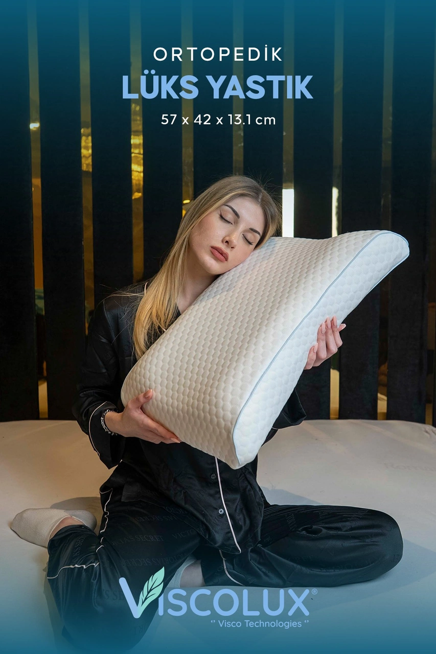 Bombeli Lüx Boyun Destekli Ortopedik Yastık Anti-aging Visco Yastık 57x42x13/11 Mavi