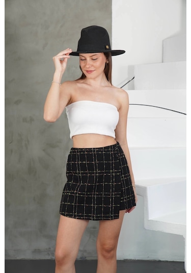 Defymoda İki Düğmeli Şort Etek Siyah H26414 Siyah