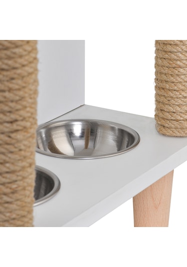 Tahta Karınca Minimalist Mobilya Kedi Evi Mama Kabı Tırmalama Halatlı