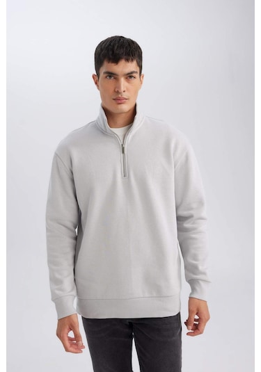 DeFacto Gri 3 İplik Pamuklu Şardonlu İçi Polarlı Comfort Regular Fit Rahat Kalıp Dik Yaka Fermuarlı Kalın Sweatshirt D9067AXNSGR253
