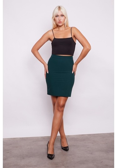 Yüksek Bel Diz Üstü Kumaş Kalem Etek-Zümrüt529755720