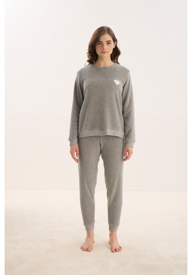 Kadın Uzun Kol Polar Gri Melanj Pijama Takım C1t5n1o61 001