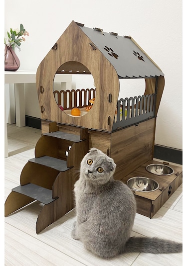 Missidea Dekoratif Teraslı Kedi Evi Ve Mama Kabı Seti