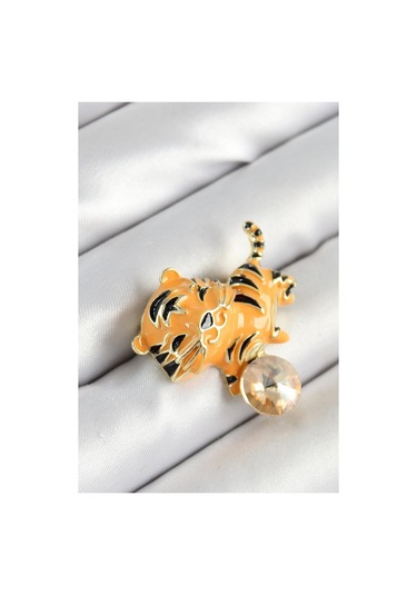 Zirkon Taşlı Siyah Çizgili Turuncu Kaplan Figürlü Gold Renk Kadın Broş Çok Renkli
