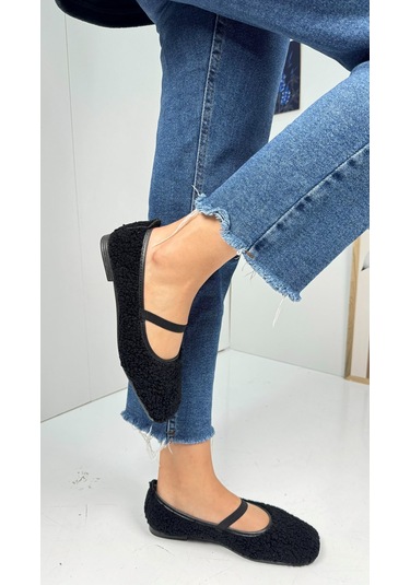 Günlük Kadın Babet Peluş Lastikli Oval Burunlu Alçak Topuklu Tırtıklı Tabanlı Ayakkabı 369 Siyah