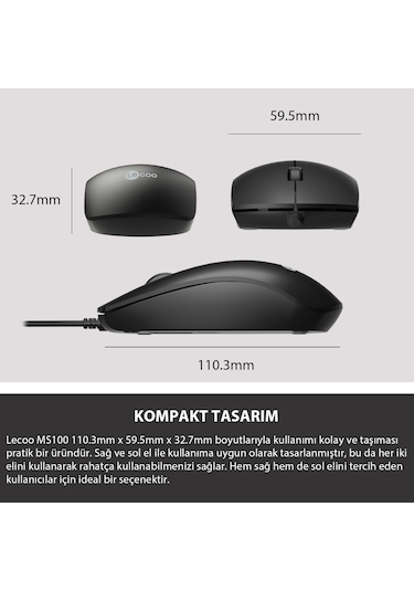 Lecoo MS100 USB Kablolu 1000 DPI 3 Tuşlu Optik Mouse