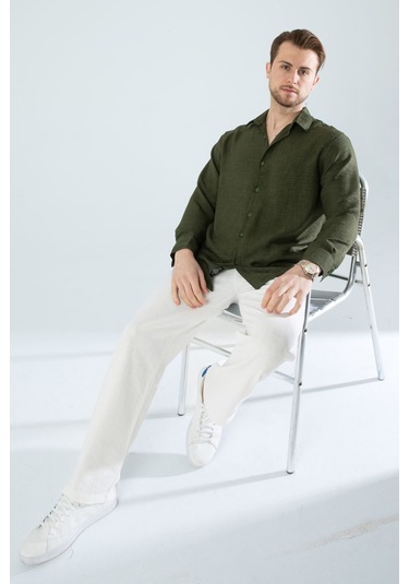 Rahat Kesim Keten Dokulu Gömlek Haki