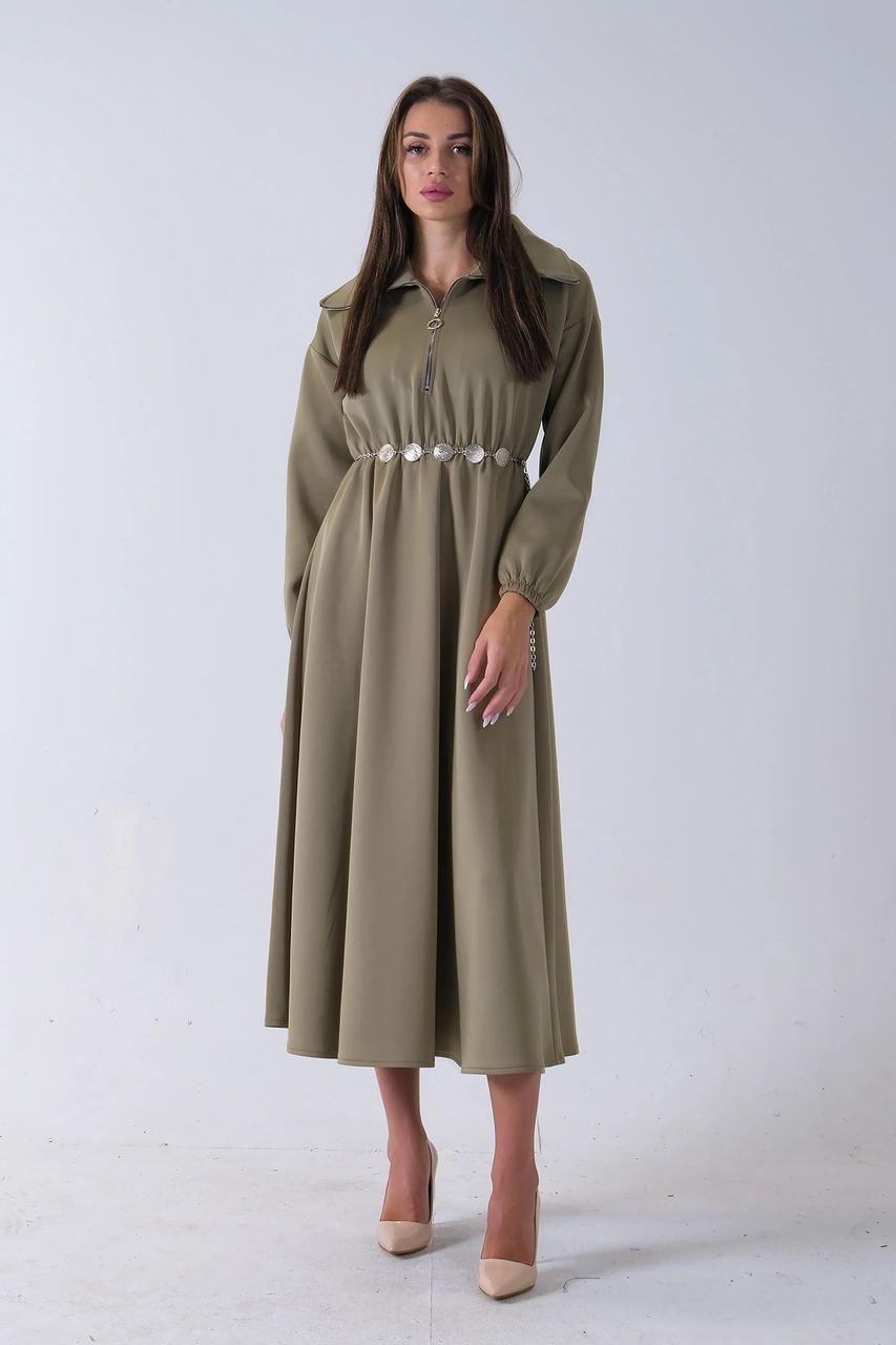 Feminist Haki Yaka Fermuar Detaylı Bel Ve Bileği Lastikli Kemerli Scuba Elbise 4593455.23 Haki