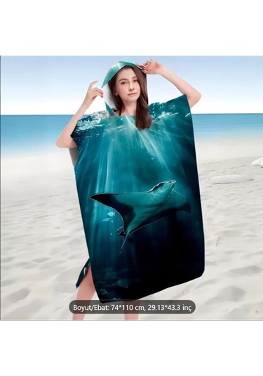 Sualtı Dünyası Manta Temalı Kapüşonlu Bornoz Karışık