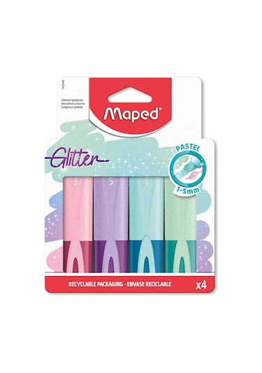 Maped Fosforlu Kalem Glitter Pastel Kesik Uçlu 1-5mm 4 Renk Fosforlu İşaretleme Kalemi Çok Renkli