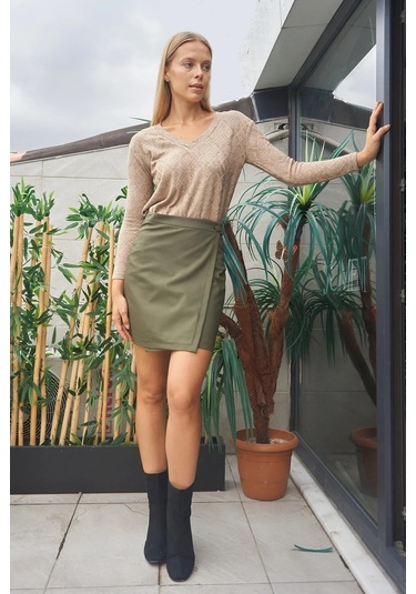 Kadın Yüksek Bel Kruvaze Model Hafif Likralı Şık Kumaş Ofis Kalem Etek-haki Haki