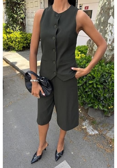 Midi Şortlu Ve Yelekli Viscon Takım 10167 Çağla