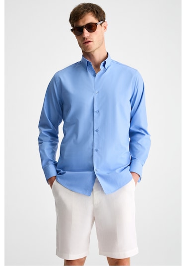 RISTO Erkek Düğmeli Yıkama Sonrası Ütü İhtiyacını En Aza İndiren Kumaş Gömlek Yaka Manşetli Koyu Mav