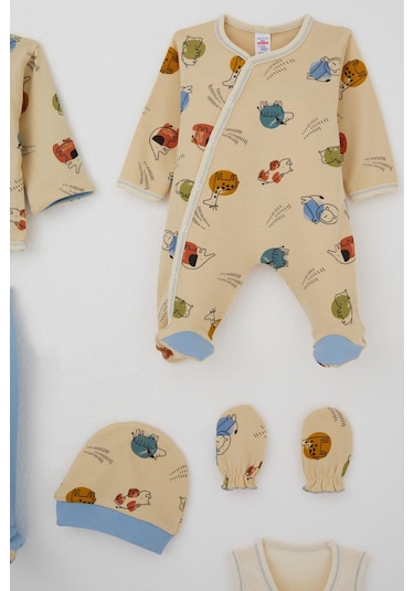 Breeze Erkek Bebek Hastane Çıkışı 8 Li Sevimli Hayvancıklar Desenli 0-3 Ay, Bej Bej