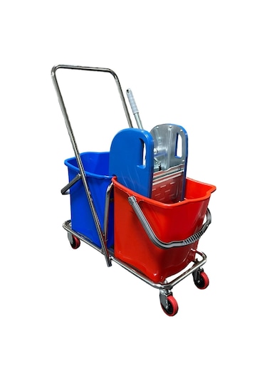 Mck Plus Çift Kovalı Temizlik Arabası Krom Gövdeli Çelik Presli Temizlik Seti