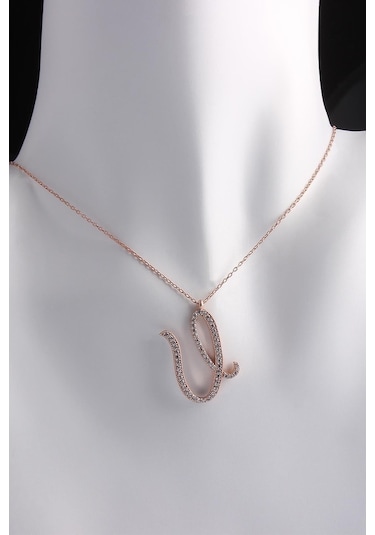 Omar Silver Kadın Büyük Boy U Harf Kolye Zirkon Taşlı Rose Gümüş