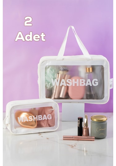 Porsima 2li Şeffaf - Beyaz Seyahat Ve Makyaj Çantası Su Geçirmez Organizer Washbag