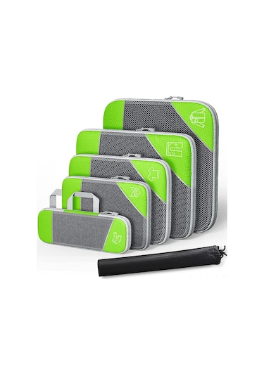 Moveevo Yeşil Seyahat Sıkıştırma Kutuları Seti 6 Adet - Genişletilebilir, Ağ Desenli, El Tuttuğu Var, Giysi Çantaları, Nylon Malzeme