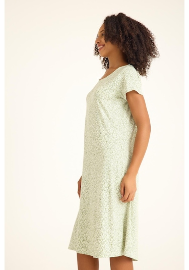 Dökümlü Rahat Kalıp Günlük Penye Kumaş Elbise Yeşil