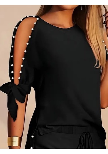 Kadın Kısa Kollu Bisiklet Yaka Yarı Açık Omuz Inci Detaylı Short T-shirt Viskon Ikili Takım Siyah