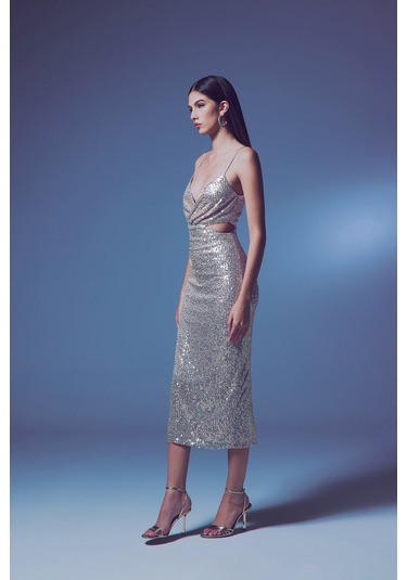 Dekolteli Payet Elbise - Bej-135644 Bej