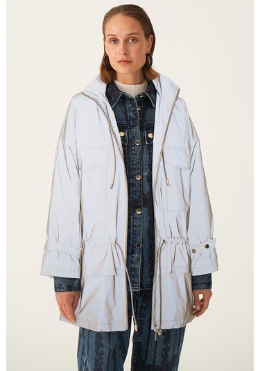 Perspective Kapüşonlu Fermuarlı Cepli Uzun Kollu Gri Kadın Mont 2