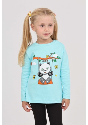 Toontoy Kız Çocuk Sallanan Panda Baskılı Sweatshirt Turkuaz