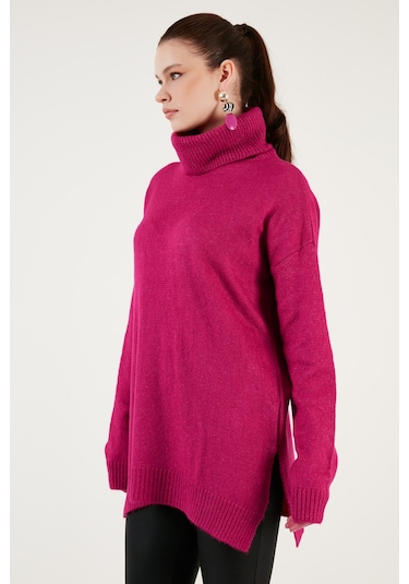 Lela Regular Fit Yanları Yırtmaçlı Boğazlı Yaka Uzun Triko Bayan Kazak 4616141Y Fuşya