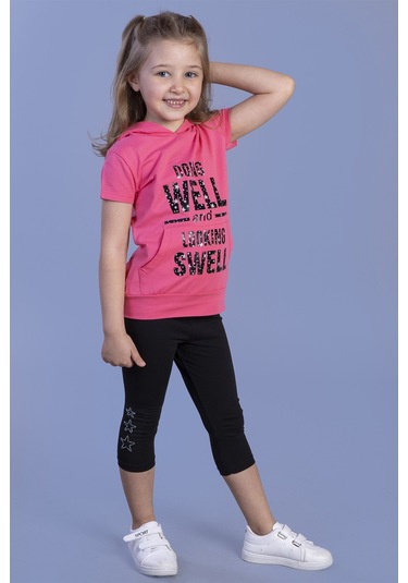 Toontoy Kız Çocuk Parlak Baskılı Kapüşonlu Kaprili Takım Kırmızı