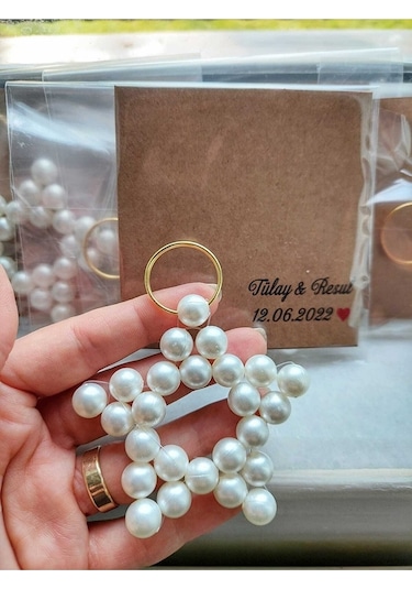 50 Adet Krem İnci Yıldız Anahtarlık Kişiye Özel Kartlı Kına