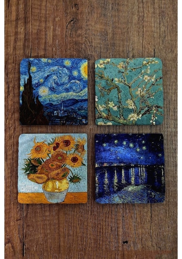 Doğal Taş Bardak Altlığı Vincent Van Gogh Eserleri Baskılı 4'lü Set - Stone Coasters Çok Renkli
