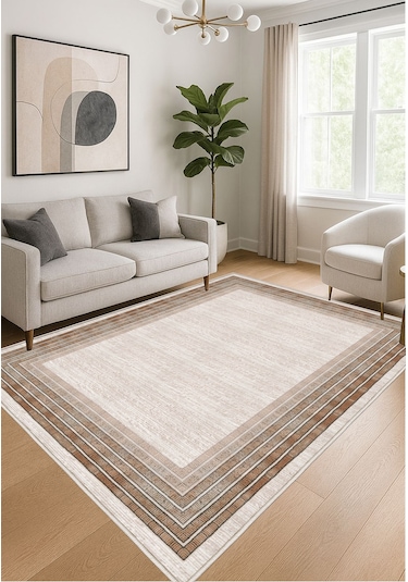 Krem Dijital Baskı Salon Halısı Kaymaz Tabanlı Yıkanabilir Halı Yolluk 527 Krem