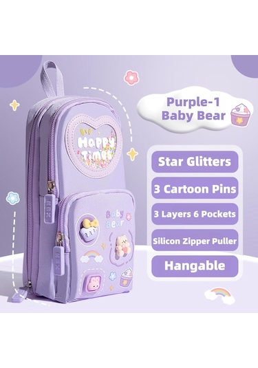 Mufunye Büyük Kapasiteli Kawaii Kalem Kutusu - Sevimli 3 Bölmeli Kırtasiye Saklama Kutusu, Mor Model B Mor