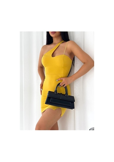 Modazeyosh Moda Zeyosh Asimetrik Astarlı Dabıl Elbise Hardal