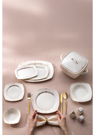 Emsan Bone Yeni Mimoza 60 Parça Yemek Takımı Platin Y.kare