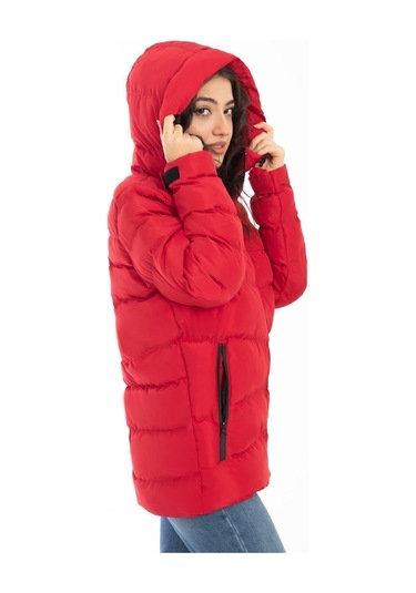 Spor Kadın Kapüşonlu Polarlı Kürklü Su Geçirmez Rüzgara Dayanıklı Şişme Mont Kaban Parka Kırmızı
