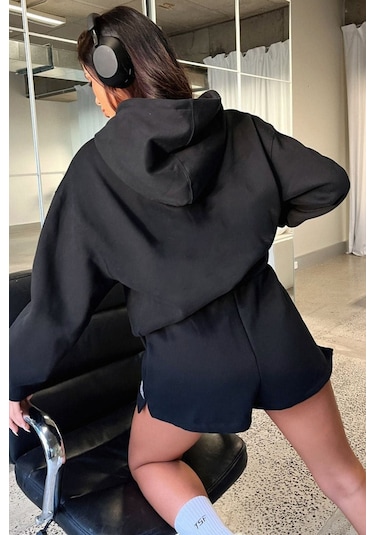 Thatsofetch Series 7 Sweatshirt - Siyah Baskılı Oversize Kapüşonlu Siyah