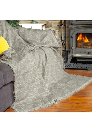 Purecot Premium Pamuklu Püsküllü Koltuk Örtüsü 180x220 Çift Taraflı Terletmez Kaymaz , Kahve Kahve