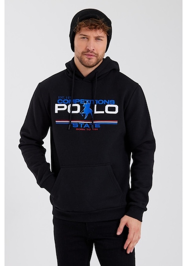 Polostate Erkek Kapüşonlu Baskılı 3 İplik Sweatshirt Siyah