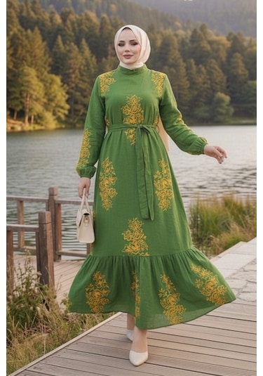 Bestenur Noyra Desenli Viskon Elbise 1722 - Haki