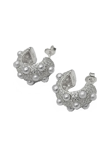 İncili Elegance Kalın Gümüş Halka Küpe - Gold Renk Altın