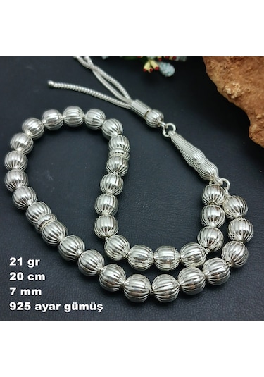 925 Ayar Gümüş Tesbih Yuvarlak Kesim Cizgili Model Orta Boy